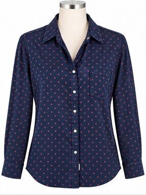 Grayson The Hero Button Down Shirt Sz 4 L Navy Blue Red Ladybug Polka Dot Poplin